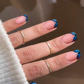 French Tip Press on Nails Short Square Fake Nails Blue Butterfly False Nails Spring Acrylic Nails Glossy Artificial Nails Press ons Glue on Nails for Women Girls Manicure Decoration 24Pcs