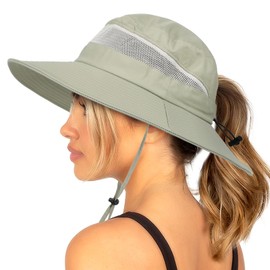 Waterproof Bucket Sun Hat for Women Wide Brim Breathable Mesh UPF50+ Safari Hat Criss Cross Ponytail Hole Outdoor Rain Hat Pea Green