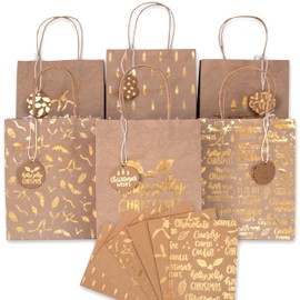 Papierdrachen Holly Jolly 6 Gold Foiled Gift Bags for Christmas 22 x 18 x 8 cm Includes 6 Christmas Cards and Punching Tags Christmas Gift Packaging Handbags Set 1