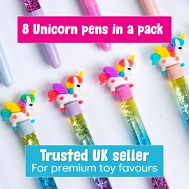 Toyseum 8 x Unicorn Sparkly Glitter Pens, Pretty Fillers for Girls Party Bags, Stationery Toy Favours for School Prizes and Themed Parties, Pack of 8
