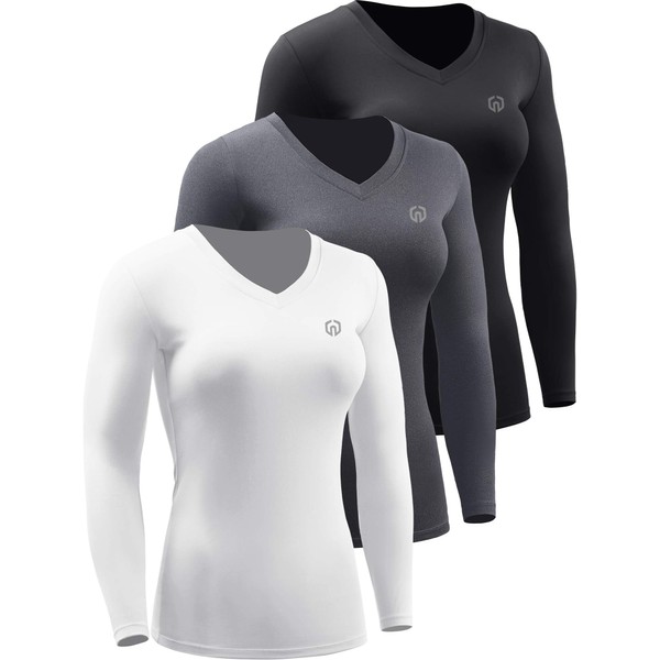 NELEUS Women's 3 Pack Compression Shirts Long Sleeve Yoga Athletic Running Shirts,V-Neck,Black/Grey/White,M