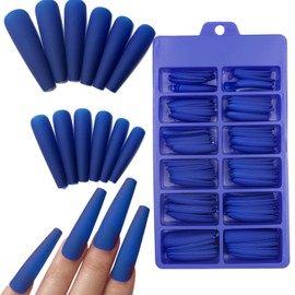 AddFavor XXL Extra Long Press on Nails Coffin Matte Fake Nails Full Cover Acrylic False Nails 12 Sizes 120pcs Blue Nail Tips for Women Fingernails Manicure Design