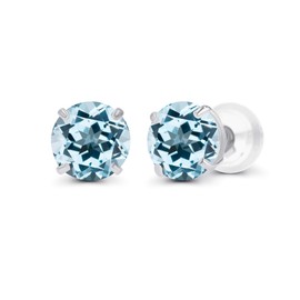 Genuine 10K Solid White Gold 6mm Round Natural Sky Blue Topaz December Birthstone Stud Earrings