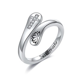 CUPENDA Just Breathe Ring Sterling Silver Lotus Cross Just Breathe Adjustable Open Ring Hope Rings Jewellery for Women