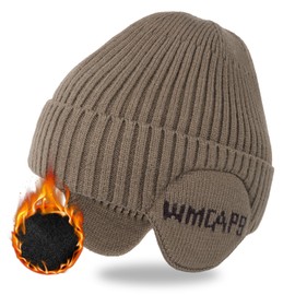 Wmcaps Men's Winter Hat with Ear Flaps, Warm Winter Hat with Ear Warmers, Fleece Lined Knitted Hats, Wool Hat for Men, Women, Gifts for Friends and Family, khaki