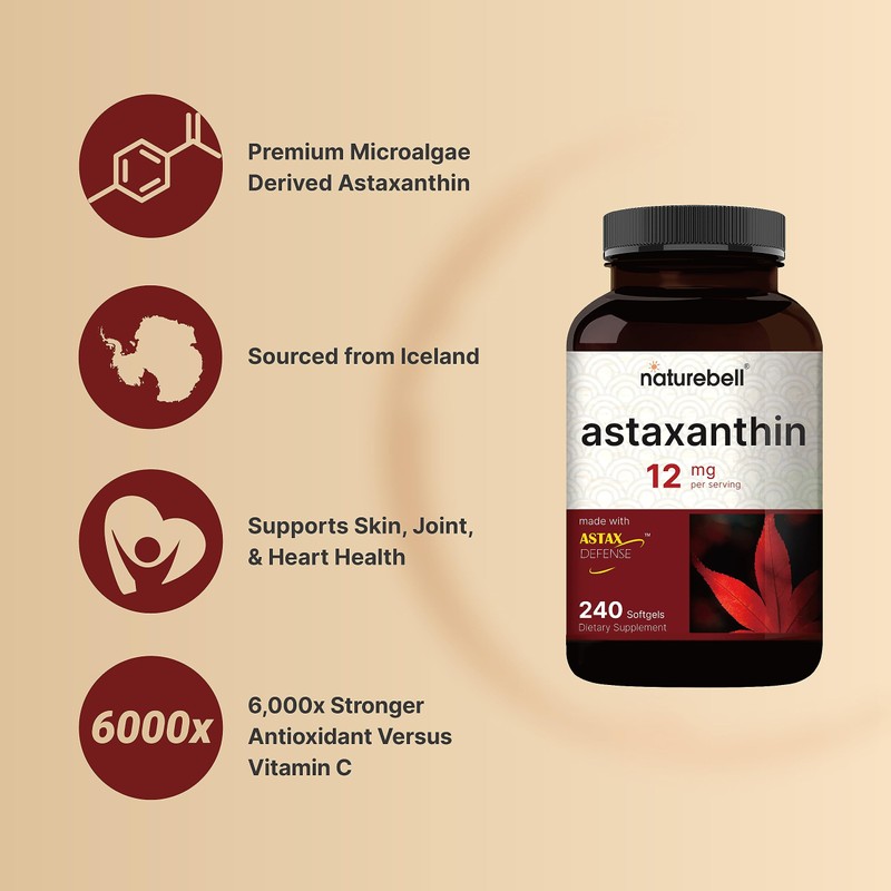 NatureBell Astaxanthin 12mg, 240 Softgels | Natural Antioxidant from Microalgae