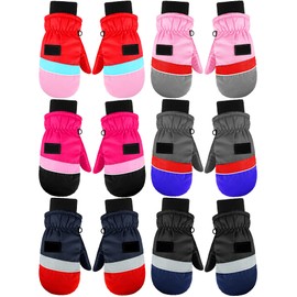 SATINIOR 6 Pairs Kids Waterproof Mittens Gloves Kids Winter Snow Ski Mittens Unisex Warm Gloves for Boys Girls Toddler Cold Weather Windproof Adjustable (Aged 3-5 Years)