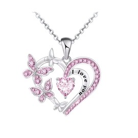 I Love You Heart Shape Pendant Necklace Butterfly Necklace Shining Crystal Dainty Necklace for Women-Pink
