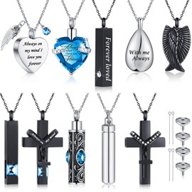 10 Pcs Urn Necklace for Ashes Cremation Jewelry Wings Tear Drop Cross Crystal Ashes Necklace Stainless Steel Zircon Memorial Locket Vertical Bar Heart Waterproof Ashes Keepsake for Men (Lake Blue)