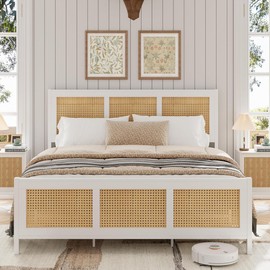 GarveeHome Full Size Rattan Bed Frame with Headboard, White Boho Cane Platform Bed Frame with Strong Metal Slat, Noise Free, No Box Spring Needed