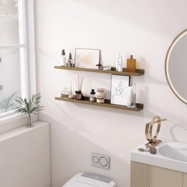 Picture Ledge Shelf, Pine Wood Floating Shelves Set of 2, 36 inch Nursery Book Shelves, Photo Ledge Book Shelves Wall Mounted for Living Room Kids' Room Bedroom - Light Brown