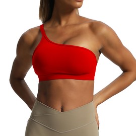Aoxjox Women's Workout Sports Bras One Shoulder Astoria Asymmetrical Bra Fitness Training Gym Yoga Crop Tank Top (Racing Red, Small)