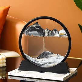 Anxus Moving Sand Art Picture in Motion Round Glass 3D Deep Sea Sandscape Display Flowing Sand Frame, Sensory Relaxing Desktop Home Office Work Desk Decor (7",Black)