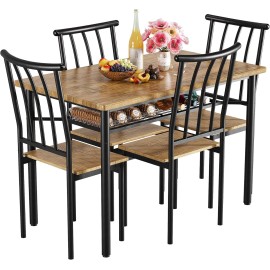 Dining Table Set for 4 Metal Frame Kitchen Table Set and 4 Chairs with Wine Rack