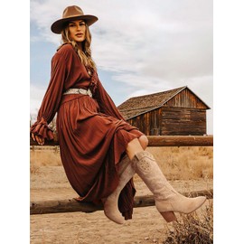 SHIBEVER Cowboy Cowgirl Boots for Women: Apricot Cowgirl Boots Womens Mid Calf Western Embroidered High Heel Boot Size 10.5