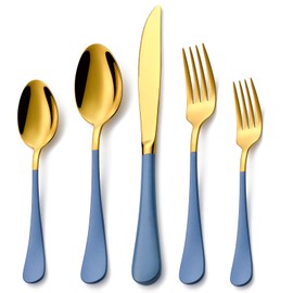 Lekoton 20 Piece Gold and Blue 18/0 Flatware Utensil Set for 4, Include Dinner Knife,Dinner Forks,Dinner Spoons,Salad Forks,Teaspoons,Silverware Set for 4, Dishwasher Safe
