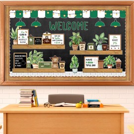 Welcome Bulletin Board Coffee Greenery Bulletin Board Set Coffee Cup Positive Classroom Decoration Latte Themed Paper Cutouts for Back to School Nursery Chalkboard Classroom Wall Decor Teacher Supply