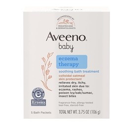 Aveeno Baby Terapia de eccema Tratamiento de baño calmante para aliviar la piel seca, picazón e irritada, hecho con avena coloidal natural, fragancia, parabenos, esteroides y desgarros, 5 unidades