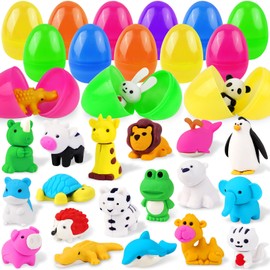 Easter Eraser, 24 Pcs Easter Eggs Prefilled with 24 Animal Erasers for Easter Eggs Hunt Party Favors Classroom Prize Supplies, 6 Colors