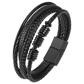 Huiguli Leather Bracelet for Men, 21cm Multi-Layer Braided Genuine Bracelet, Black Clasp Rope Wristband for Boyfriend Husband Mens, Gift for Men Him Boyfriend Valentine's Anniversary Birthday