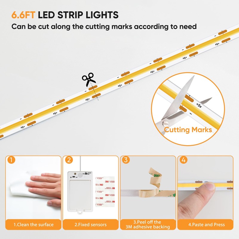 OMIKA COB Motion Sensor Light Strip Indoor, 6.56ft 640LEDs 2700K