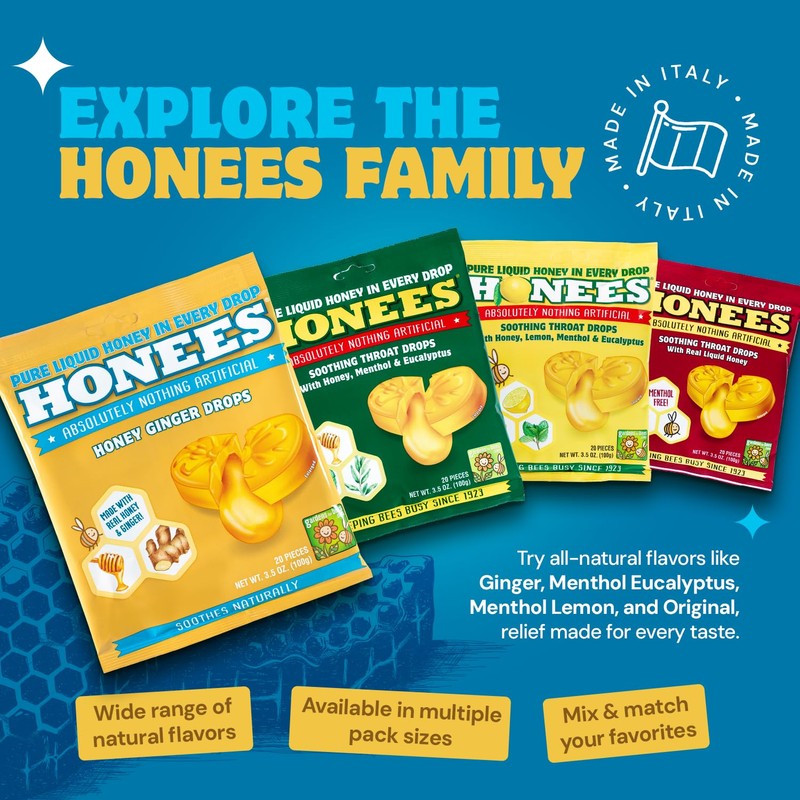 Honees Filled Honey Ginger Drops, Natural Cough Drops- Pure Ginger