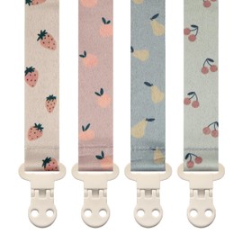 Stadela Baby Pacifier Clip Holder - Girl or Boy Unisex 4 Pack Gift Set – Summer Peaches Strawberies Cherries Pears (Fruits)
