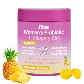 Feminine Vaginal Probiotics Gummies, Supports pH Balance & Digestive Health, Slippery Elm for Women, Suagr-Free, Veagn, Pineapple Flavor, 60 Count