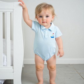 Gueuusu Newborn Baby Boy Summer Outfit Sailboat Embroidery Short Sleeve Lapel Button Up Romper Loose Fit Striped Jumpsuit (Blue, 0-3 Months)