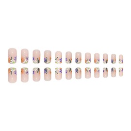 JUSTOTRY 24 Pcs White Flower Short Fake Nails Square Pattern,Nude Press on Nails Short,Glossy False Nails with Nail Glue,Daisy Squoval French Glue on Nails for Women and Teens Gifts
