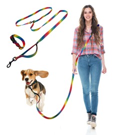 Rainbow Hands Free Dog Leash Heavy Duty with Adjustable Collar Set no Pull for Medium Small Training Correa para Perros Service Running Dual Padded Tangle Free Long Waist Walking Belt for Breed Puppy