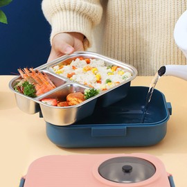 Lunch Box, 1100ml Double Layer 3 Grid Design, 304 Stainless Steel Thermal Lunch Box with Chopsticks Spoon Soup Bowl, Food Container for Kids Students Adults()