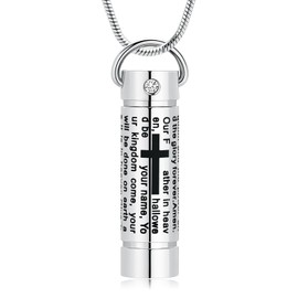 mingkejw Lord's Prayer Cross Urn Necklaces for Ashes Cylinder Cremation Jewelry for Women Men Stainless Steel Memorial Necklace Ash Holder for Human Pets Keepsake Jewelry for Loved Ones with Fill Tool
