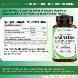 Magnesium Glycinate Supplement 1600mg with Vitamin B6, 352mg of Elemental Magnesium, 94% Daily NRV, 120 High-Strength Capsules 2 Months Supply, Supports Muscle & Nerve Health, Vegan, Lab Tested