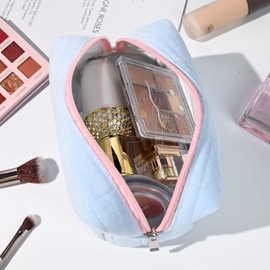 Plush Makeup Bag Cosmetic Bag for Women,Zipper Large Solid Color Travel Toiletry Bag Travel Make Up Toiletry Bag Pouch for Girls Student (Blue)