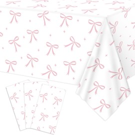Lianxuia 3pcs Coquette Pink Bow Tablecloth, 54 x 108 inch Bow Party Plastic Table Cover, Coquette Birthday Decorations for Bachelorette Bridal Shower, Baby Shower, Girls Birthday Party Supplies