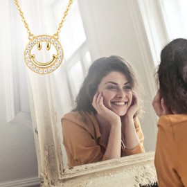 Good Luck Smiley-Face Necklaces Stud-Earrings - 18K Gold and Silver Plated Dainty Happy face Jewelry with CZ Simulated Diamond, Cute Preppy Aesthetic Jewelry Gifts for Girls Women. (18K Gold Smiley Face Necklaces)