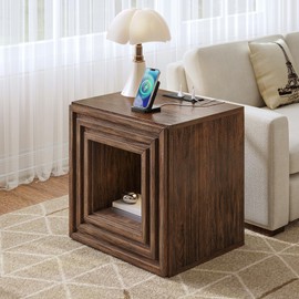 YITAHOME Farmhouse End Table, 2-Tier Square Night Stand with Drawer & Charging Station, Couch Sofa Side Table with Anti Tipping Kits for Living Room, Lounge, Hallway, Rustic Walnut