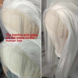 BLUPLE Long Straight Lace Front Wigs #1001 Platinum White Natural Heat Resistant Synthetic Hair Half Hand Tied Wigs for Cosplay Daily Wear (22 inches, Straight,White)