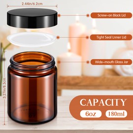 Domensi 24 Pcs 6oz Glass Jars with Lids Leakproof Round Airtight Empty Cosmetic Jars with Inner Liners Lid for Storing Lotions Spices Ointments Candle Making Food Storage (Amber)