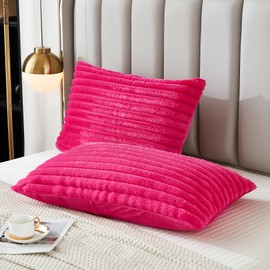 Uhamho Bed Pillowcase Queen Set of 2 Striped Faux Rabbit Fur and Velvet Back Rectangle Lumbar Pillow Covers Shams Modern Home Decorative (Hot Pink, 20 x 30 Inch)