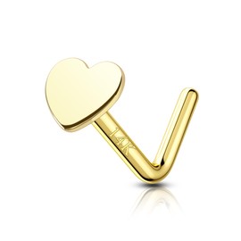 COCHARM 14K Solid Gold Nose Stud 20g Yellow Gold L Bend Nose Stud Heart Real Gold Nose Stud 14K Press Fit Nose Piercing 20g Hypoallergenic Nose Stud Jewelry For Women Men