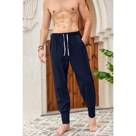 Mens Linen Harem Pants Lightweight Drawstring Elastic Waist Baggy Joggers Casual Cargo Sweatpants Pant Navy