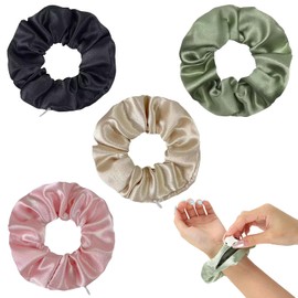 SacJkt Scrunchie with Zip Pocket, Hair Ties, 4pcs Stash Scrunchies for Women & Girls, Satin Hair Bands for Ponytail Holder, Styling Accessories