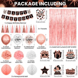 Rose Gold Birthday Decorations for Men Women Rose Gold Happy Birthday Banner with Hanging Swirls Happy Birthday Party Supplies Include Balloons Curtains Paper Black Flower Tassels for Birthday Party