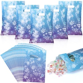 ReliThick 60 Pcs Snowflake Party Gift Bags with Handle Blue and Purple Wonderland Frozens Plastic Goodie Bags for Small Business Shopping Holiday Birthday Party Supplies Decorations,9.7" x 6.6"