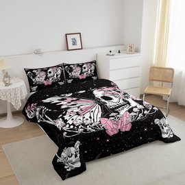 Butterfly Skull Comforter Set Twin Size Pink Mushroom Quilted Duvet Gothic Starry Galaxy Moon Bedding Set 2pcs for Kids Teens Girls Boys Bedroom Decor Trippy Plants Duvet Insert,1 Pillowcase