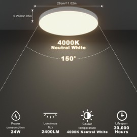LUTW Bathroom Ceiling Light, 24W 2400LM Flush Ceiling Light, 200W Equivalent, 4000K Neutral White, Waterproof IP44, Round Ceiling Lights for Kitchen, Bedroom, Living Room, Toilet, Porch, Ø28CM(White)