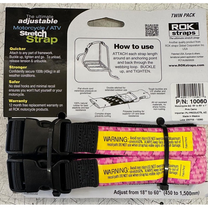 ROK Straps New Stretch 2-pk Tie Downs 18"-60" Motorcycle Adjustable