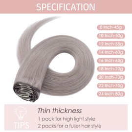 Silk-co Hair Extensions Clip in Hair Extension Human Hair (16inch-65g, Grey Hair) -Basic Thickness-Thin Weft- 8 PCS Real Remy Straight Hair Extensions